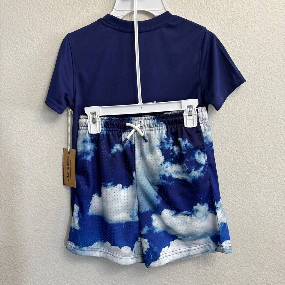 Stitch & Stone Kids Size 7 Blue Cloud Print Mesh Shorts T-Shirt Swim Set NEW